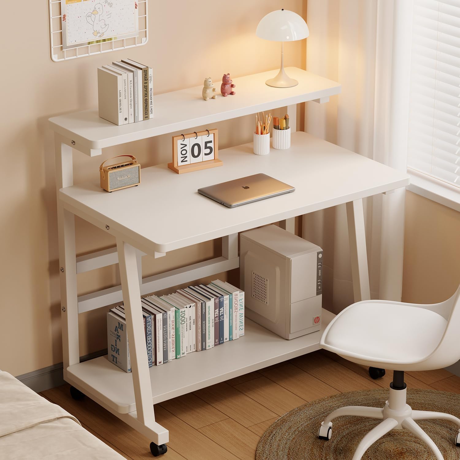 31.5 Inch Small Desks with 3-Layer Storage & Monitor Stand, Compact Home Office Desk, Portable Laptop Table with Wheels for Small Spaces, Mobile Rolling Computer Work Desks