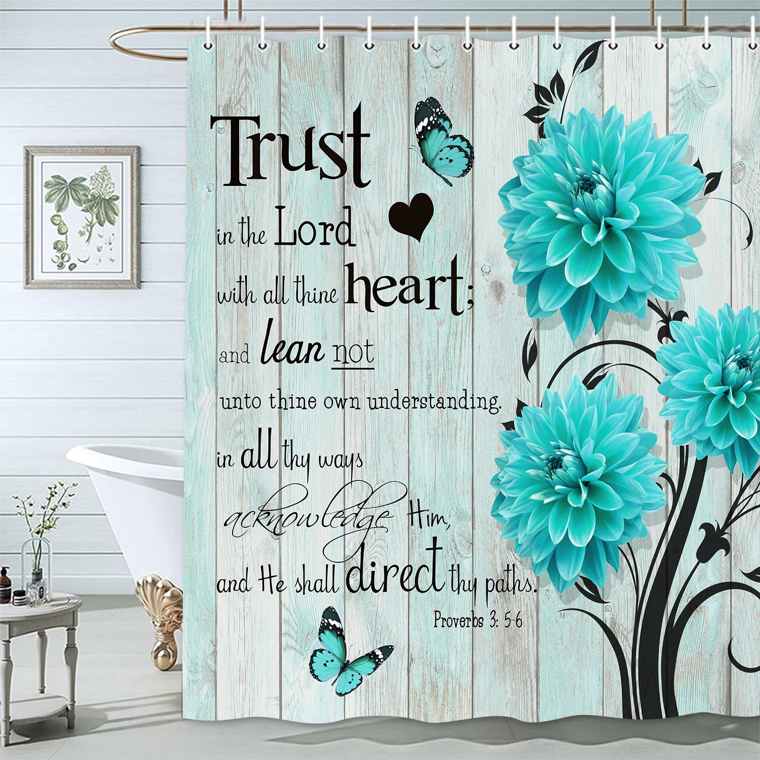 Farmhouse Bathroom Curtain Flower Butterfly Shower Curtains Rustic Teal Turquoise Floral Shower Curtain,Inspirational Quote Shower Curtain,Washable Fabric Shower Curtain Set with Hooks 72X84in