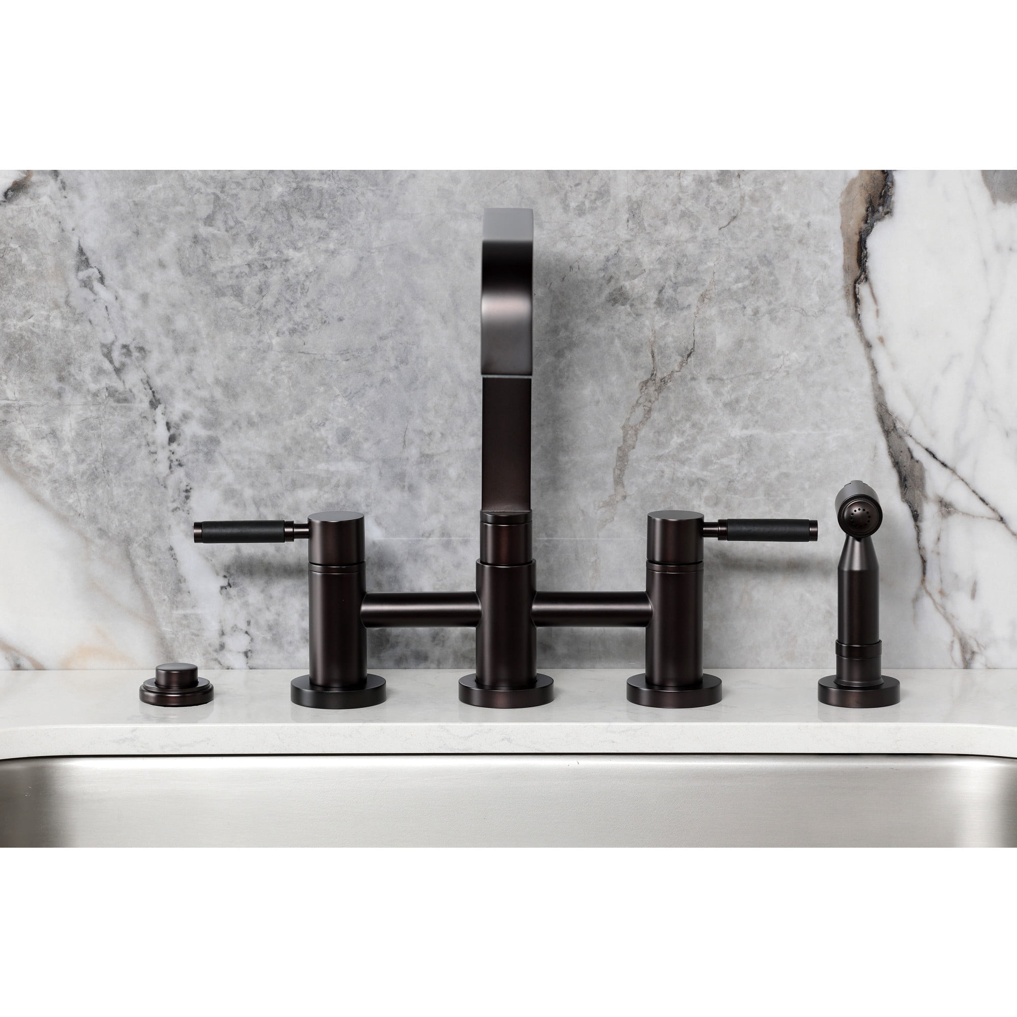 Kingston Brass KS8255DKLBS Kaiser Two-Handle 4-Hole Deck Mount Bridge Kitchen Faucet with Brass Side Sprayer in Oil Rubbed Bronze