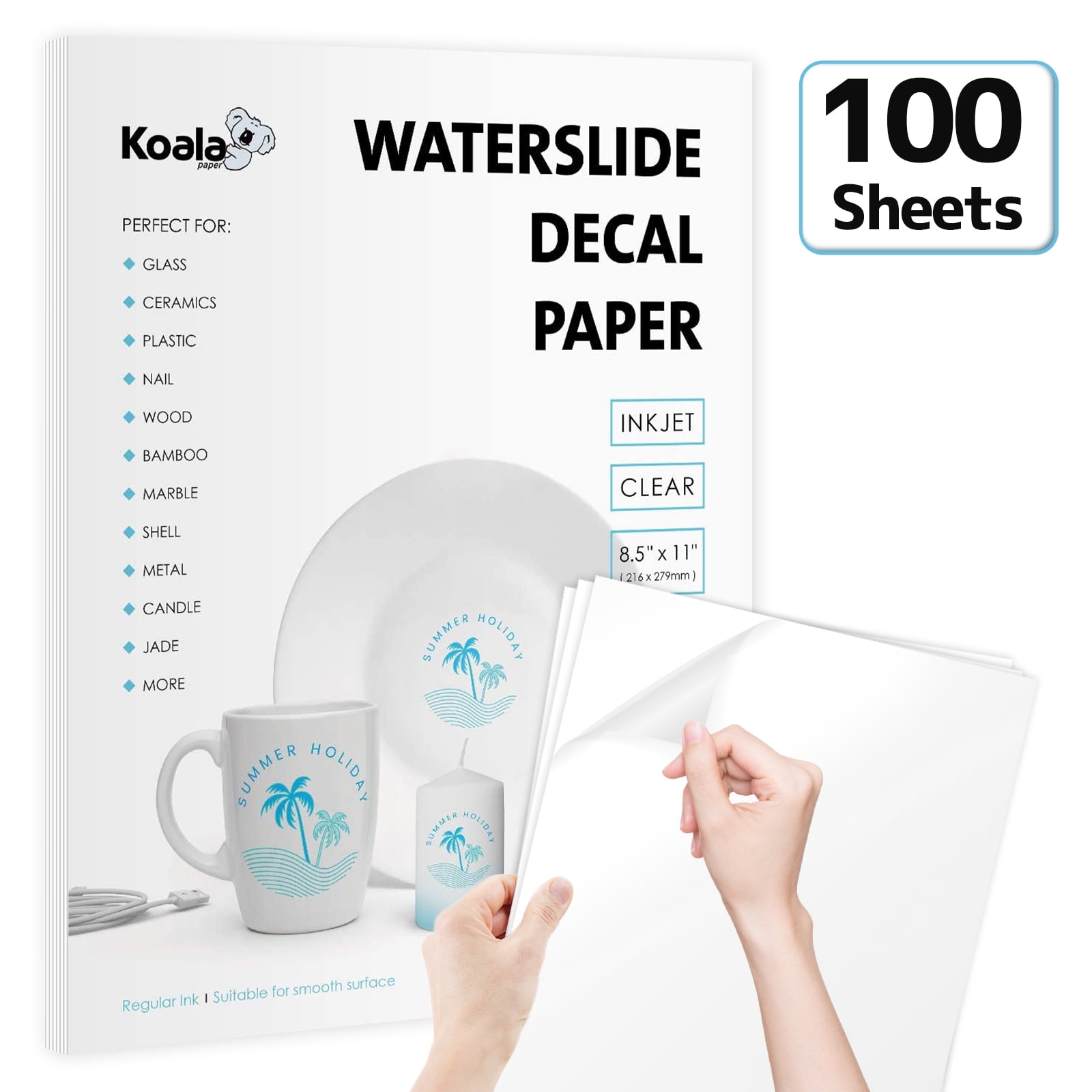 Koala Waterslide Decal Paper INKJET CLEAR, 100 Sheets 8.5x11 Inch Water
