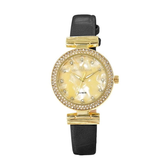 34mm Montres Carlo Women's Fashion Vegan Leather Band Stones Luxury Dress Watch (Gold/Black/Gold)