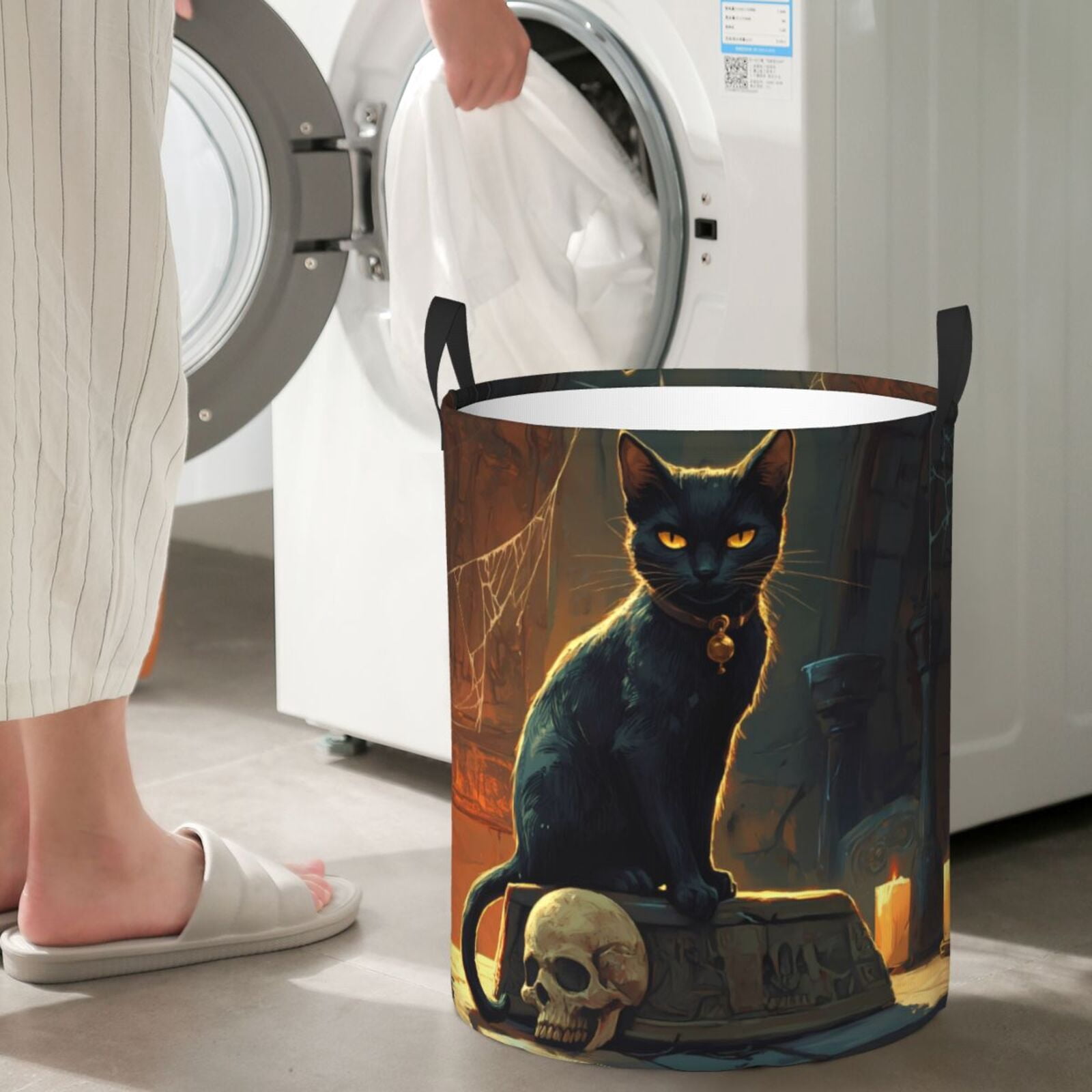 Large Laundry Basket with Handles - Halloween Skull Black Cat Vintage Kids Baby Dirty Clothes Laundry Hamper for Bedroom Aesthetic