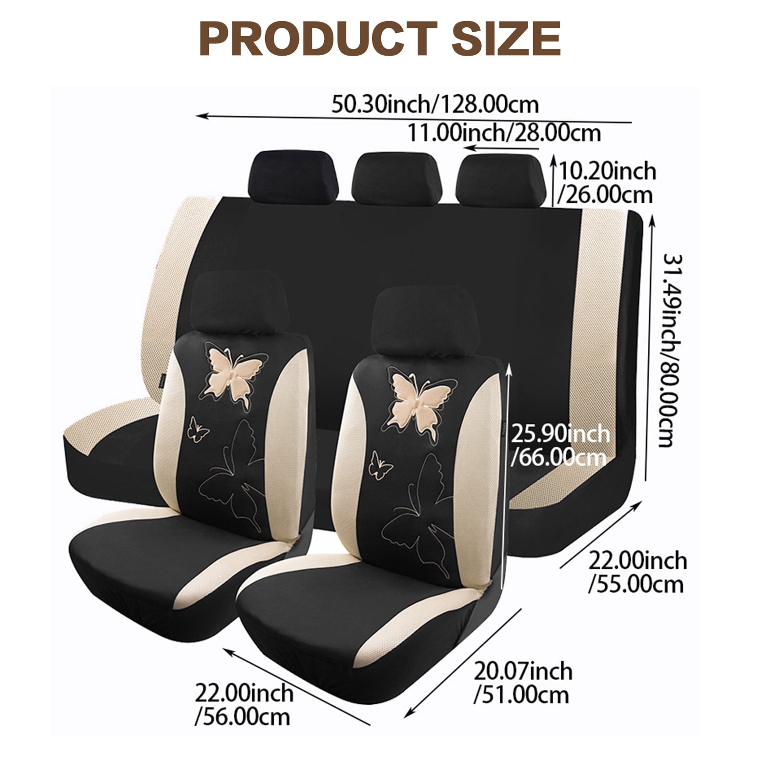 OTOEZ Butterfly Car Seat Cover, Breathable Cloth 5 Seats Full Set for Front & Rear Seat Protector, Universal fit Most Honda Toyota Chevy Ford Nissan Truck SUV, Beige
