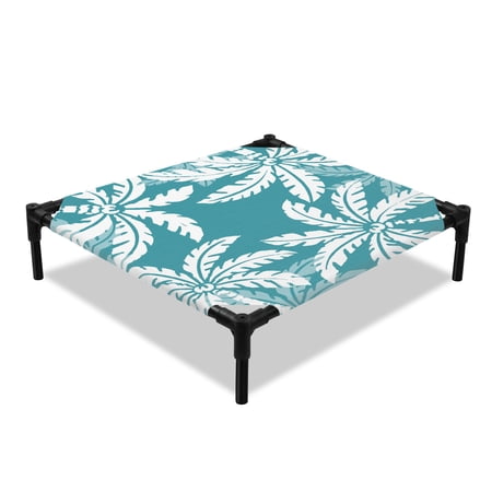 Palm Trees Elevated Dog Bed Tropical Summer White Treen Silhouettes Teal Backdop Cooling Breathable Outdoor Raised Dog Cot Bed with Metal Frame Non-Slip Feet for Small Dog 20x20in