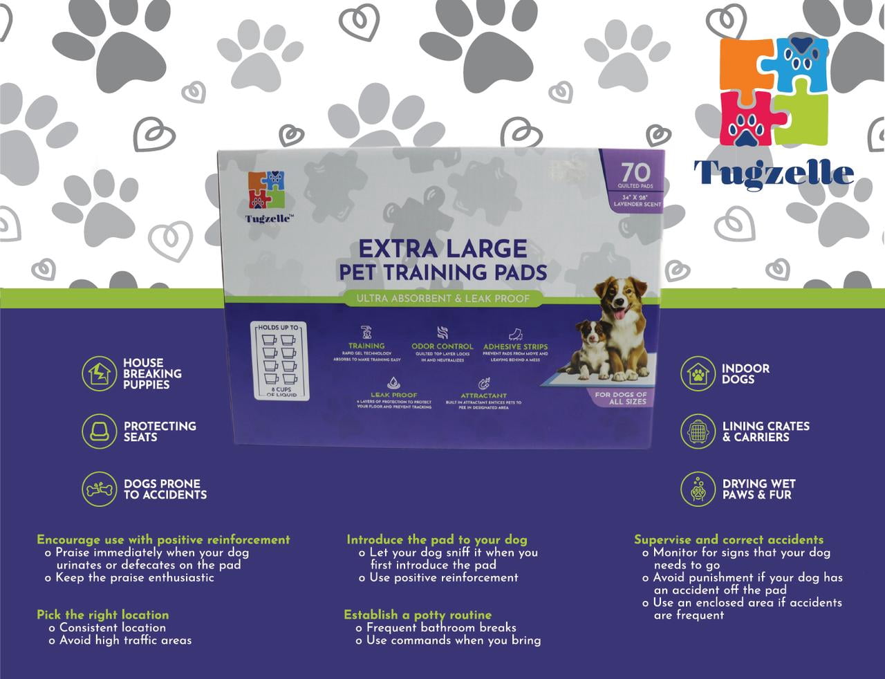 Lavender Scent 34" x 28" 70 ct XL 6-Layer Ultra Absorbent Puppy Pet Training Pads, Leak-Proof & Odor Control Pee Pads – Quick Dry Potty Pads for Puppies, Small Dogs & Senior Pets
