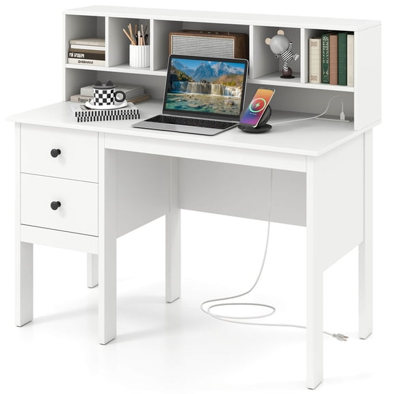 Costway Computer Desk 48" Writing Table w/ Power Outlets 5-Cubby Hutch 2 Storage Drawers White