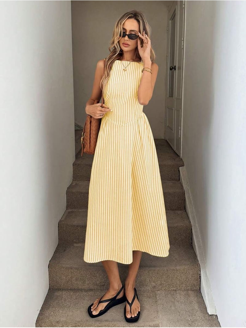 striped a line midi dress Olivia Green A-line Striped Midi Dress XS