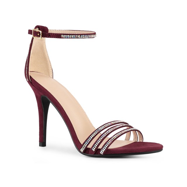 BLISSFUL STEP Women's Round Toe Rhinestone Ankle Strap Stiletto Heels Sandals Burgundy (Size 8.5)
