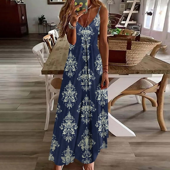 Elvqul Pullover Long Dresses for Women Slim Summer Dress V-Neck Boho Tunic Vacation Womens Sleeveless Dresses, Sizes S-5X