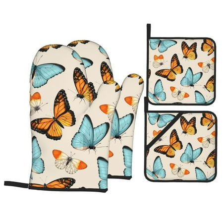 

XMXT Waterproof Oven Mitts and Pot Holders Sets Vintage Colorful Butterfly Design Sets Kitchen Cooking Heat Resistant 4 Pcs