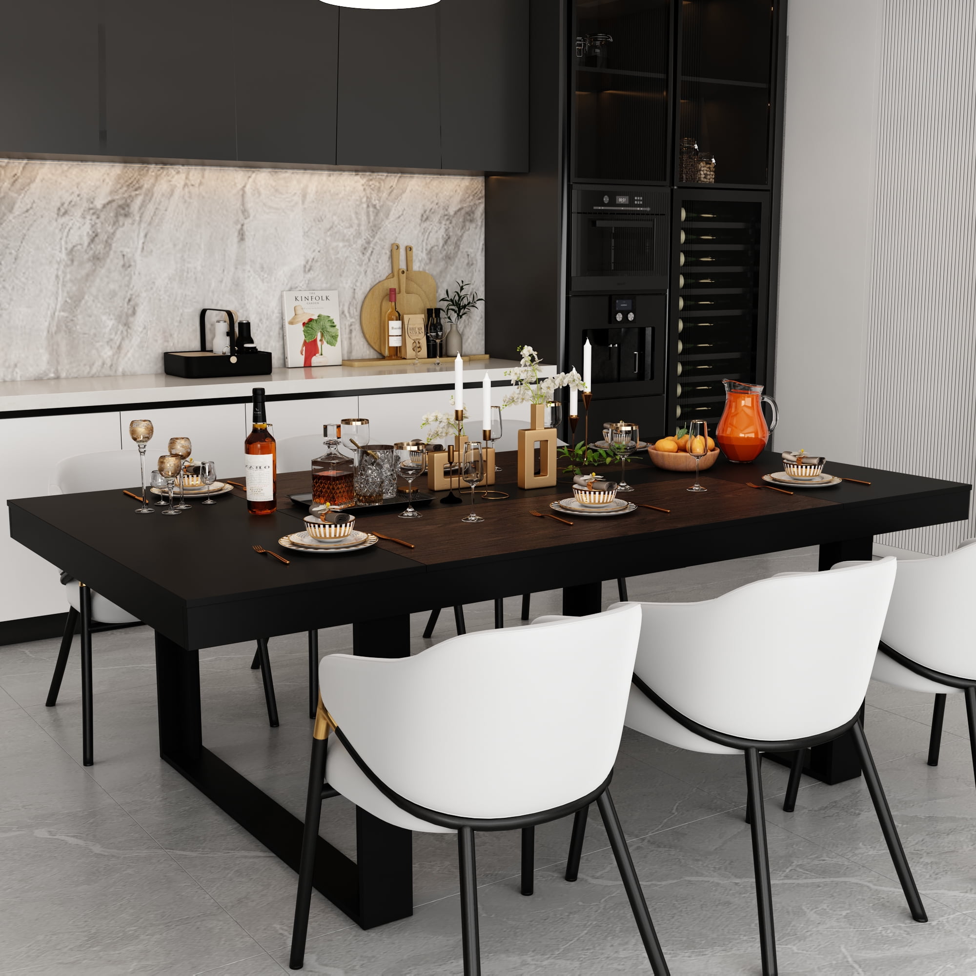 FUFU&GAGA Black & Walnut Kitchen Dining Table, Seats 6-8
