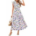 thumbnail image 3 of Women'S 2025 Summer Floral Midi Dress Cap Sleeve V Neck Ruffle Long Flowy Boho Casual Beach Vacation Dresses Picture5 M, 3 of 8