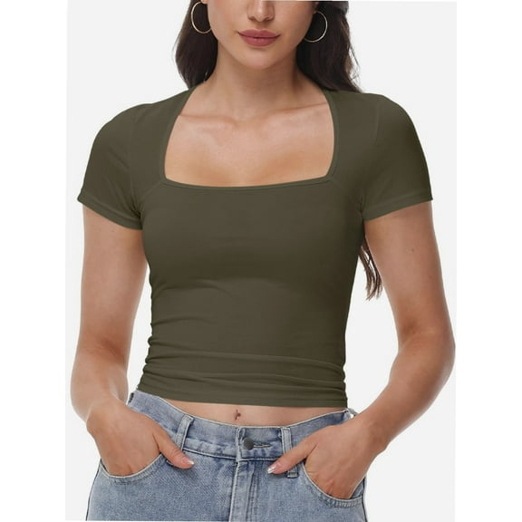 Women's Square Neck Crop Top - Short Sleeve Slim Fit T-Shirt, Casual Summer Workout Tee