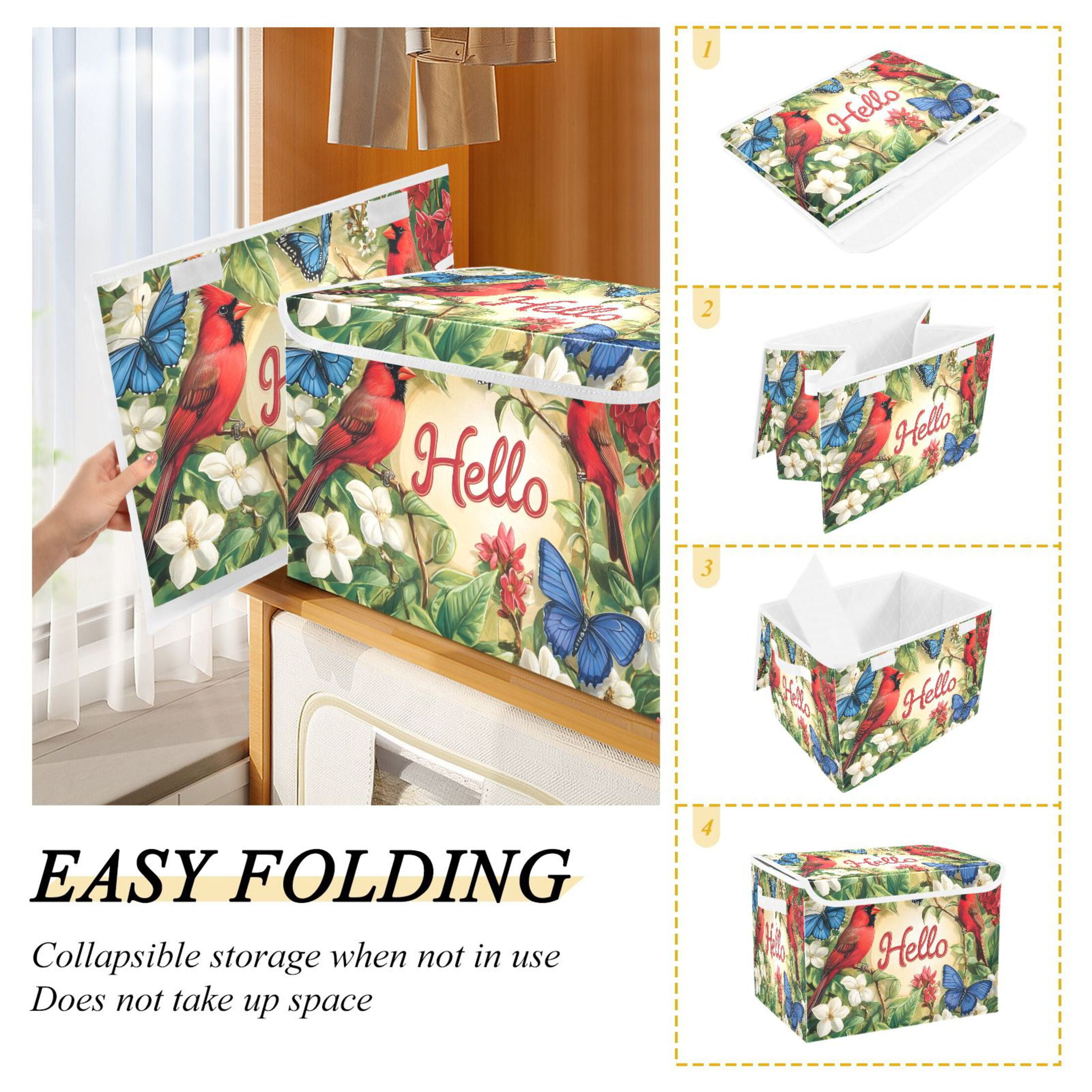 Ryvnso Cardinal Butterfly on Flower Large Lidded Foldable Storage Baskets Cubes Boxes Lids Bin for Home
