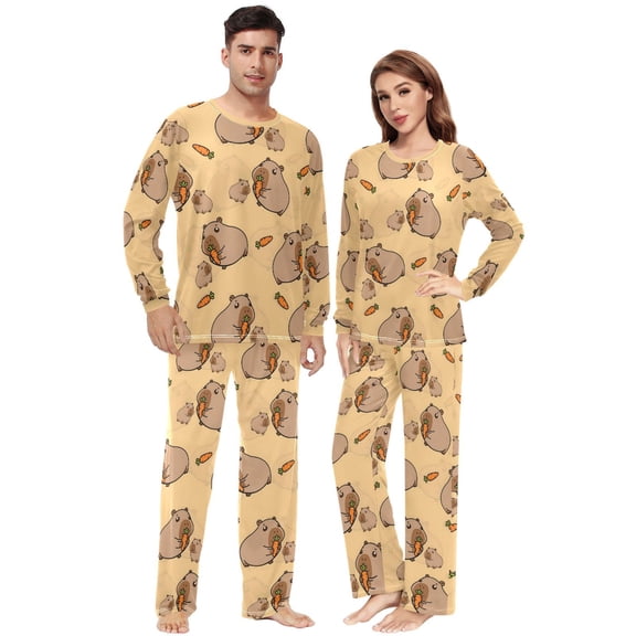 Matching Pajamas for Couples Capybare Eating Pattern His and Hers Pajamas Sets Soft Long Sleeve Sleepwea