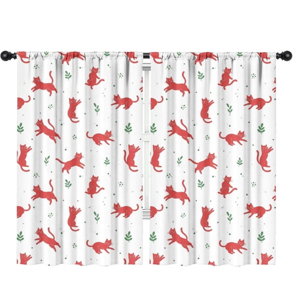 Blackout Kids Curtains,Red Cat and Leaf White Pattern Children's Insulated Curtains Set Of 2,Bedroom Essentials,Toddler Room Decor 52"x84"
