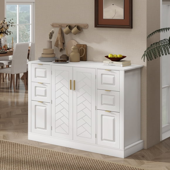 Noble House 47.2" Sideboard Buffet Cabinet with Power Outlet,2 Doors & 6 Drawers,3-Level Adjustable Shelves,White