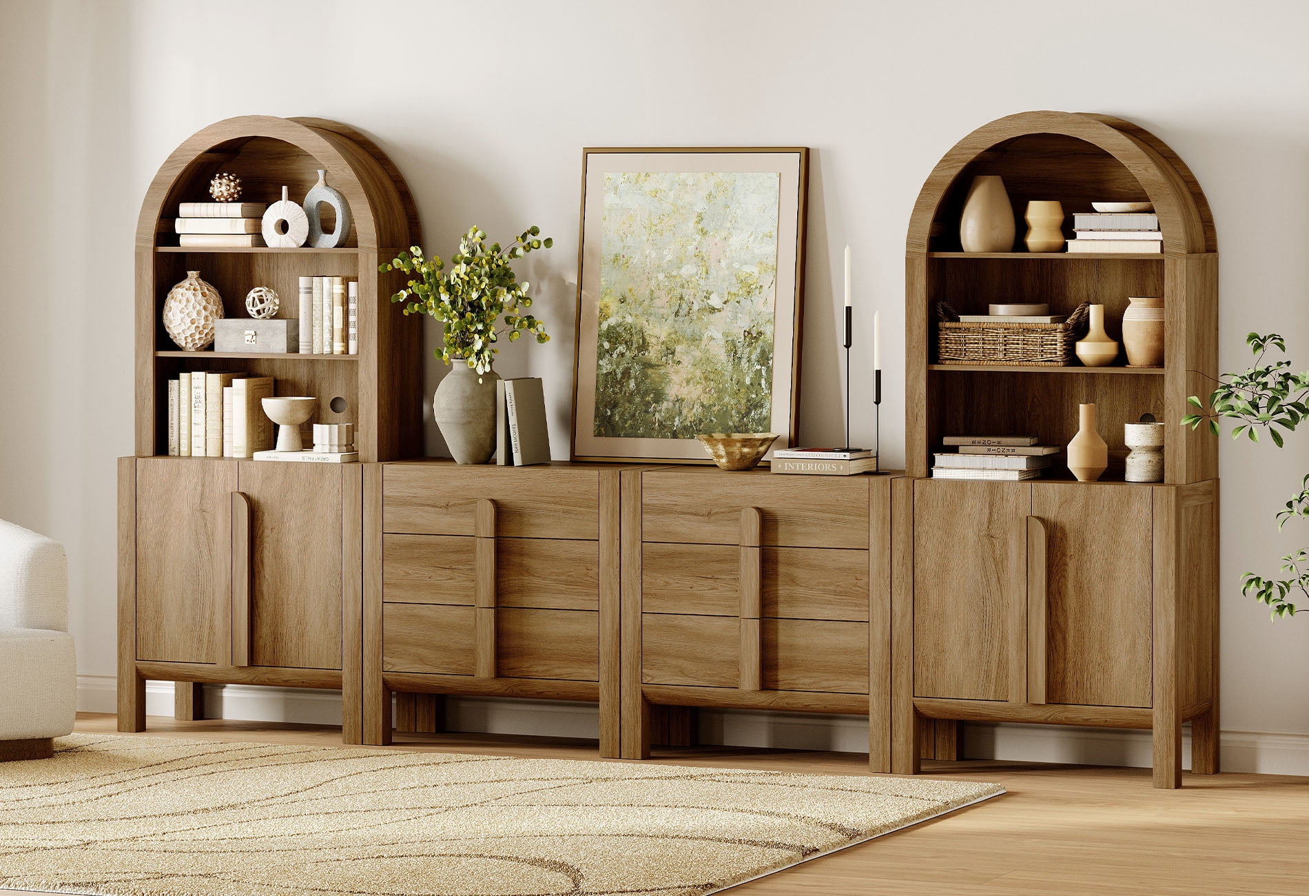 71"H X 126"W Tall Arched Bookshelf with 6 Drawers and 2 Cabinets, Modern 10-Tier Bookcase with Open Storage, Large Wood Display Cabinet For Living Room Bedroom Home Office Kitchen