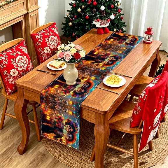 1PC Neon Sugar Skull Floral 2D Flat Print Table Runner, Kitchen Patio Day of The Dead Cinco De Mayo Mexican Fiesta Decor, Gothic Farm Holiday Table Scarf