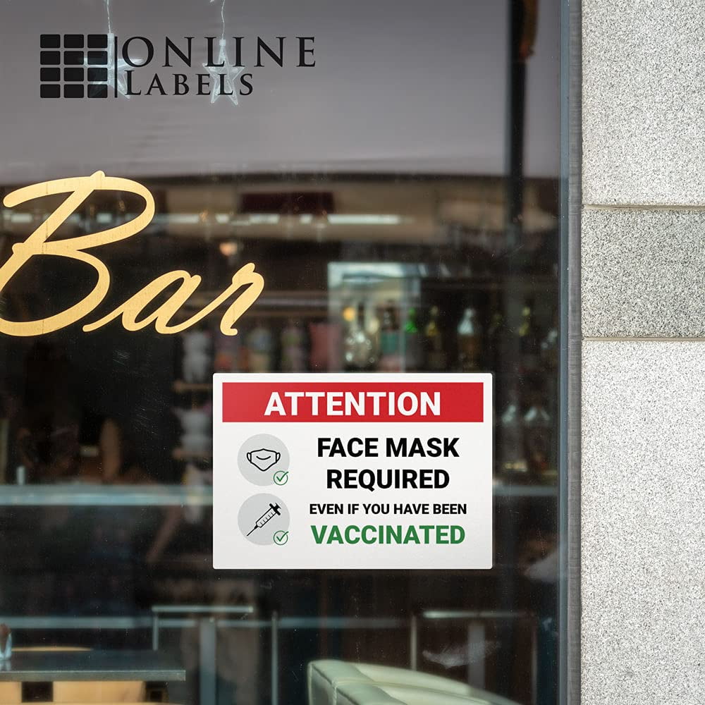 Face Mask Required, Even if You Have Been Vaccinated Window Sticker - Pack of 10 Decals - Red and White Design - 10 x 7 Inch Rectangle - Indoor Only - Removable Adhesive Vinyl - Online Labels