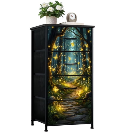 Dresser for Bedroom with 4 Storage Drawers Magical Forest Butterflies Sparkling Fantasy Woodland Dressers Chest of Drawers Steel Framed Fabric Closet Organizers for Dorm Entryway