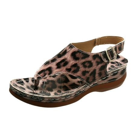 

Mnyotv Comfort Sandals Women Ladies Retro Leopard Print Clip Toe Buckle Thick Sole Sloping Heel Sandals for Women Wedge Shoes Pink 39