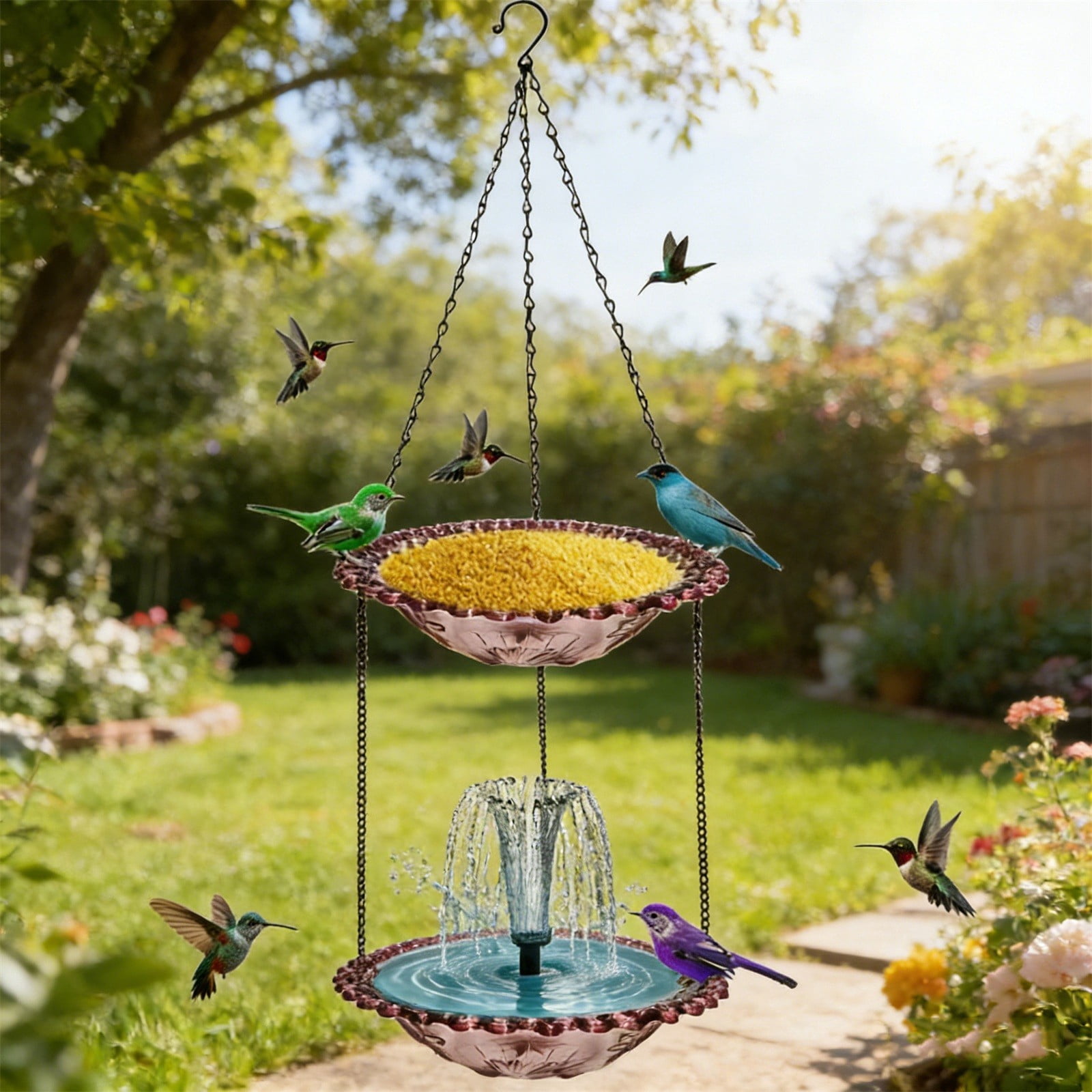 2-Tier Hanging Bird Feeder & Bird Bath, Plastic Hanging Bird Bath for Outside, Outdoor Bird Water Bowl for Garden Yard Patio Decor (Purple)