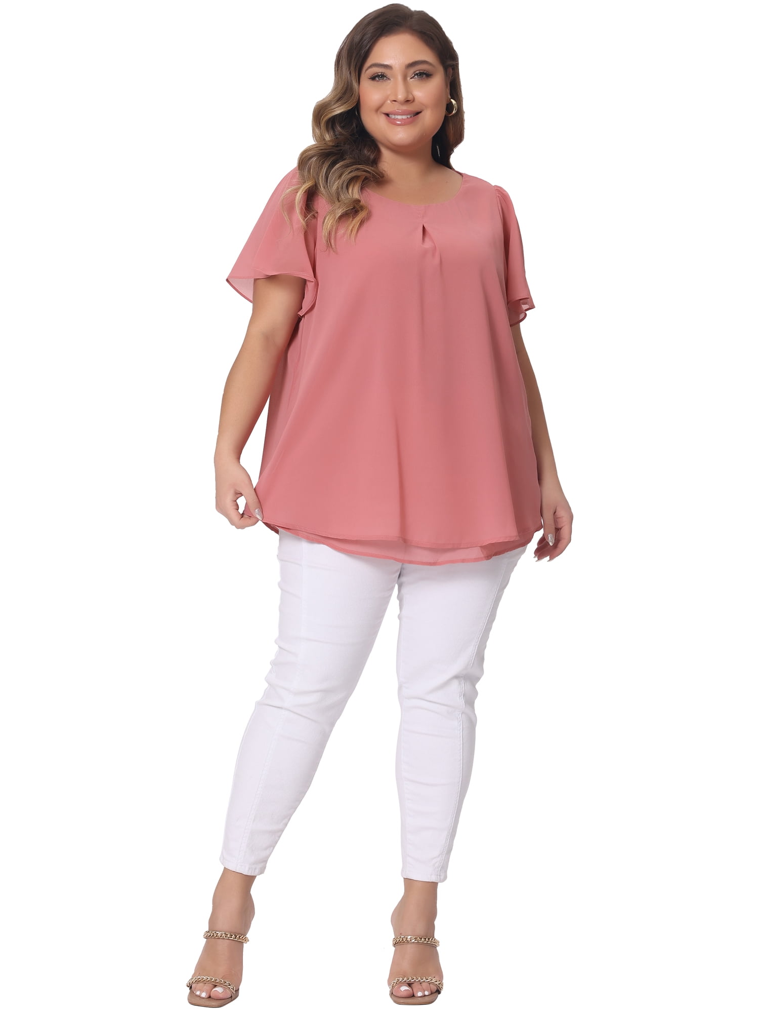 DARING DIVA Women's Plus Chiffon Ruffle Double-Layered Top 2X Pink