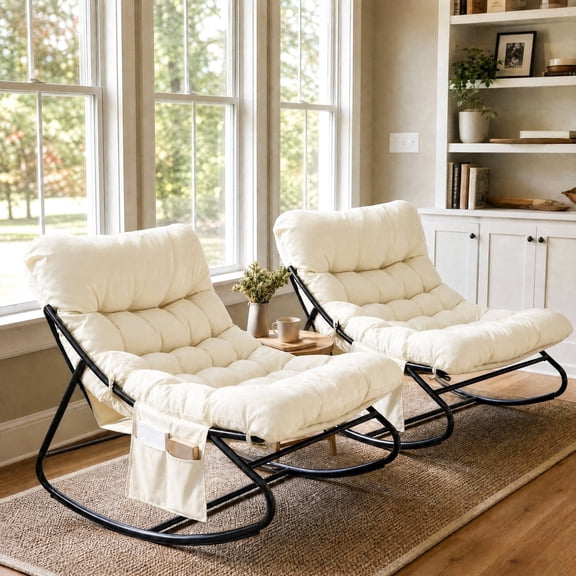 TLSUNNY Outdoor Papasan Rocking Chair Set of 2, Wicker Rattan Egg Papasan Rocking Chair, Oversized Lounge Rocker Chairs for Patio, Balcony, Porch and Indoor