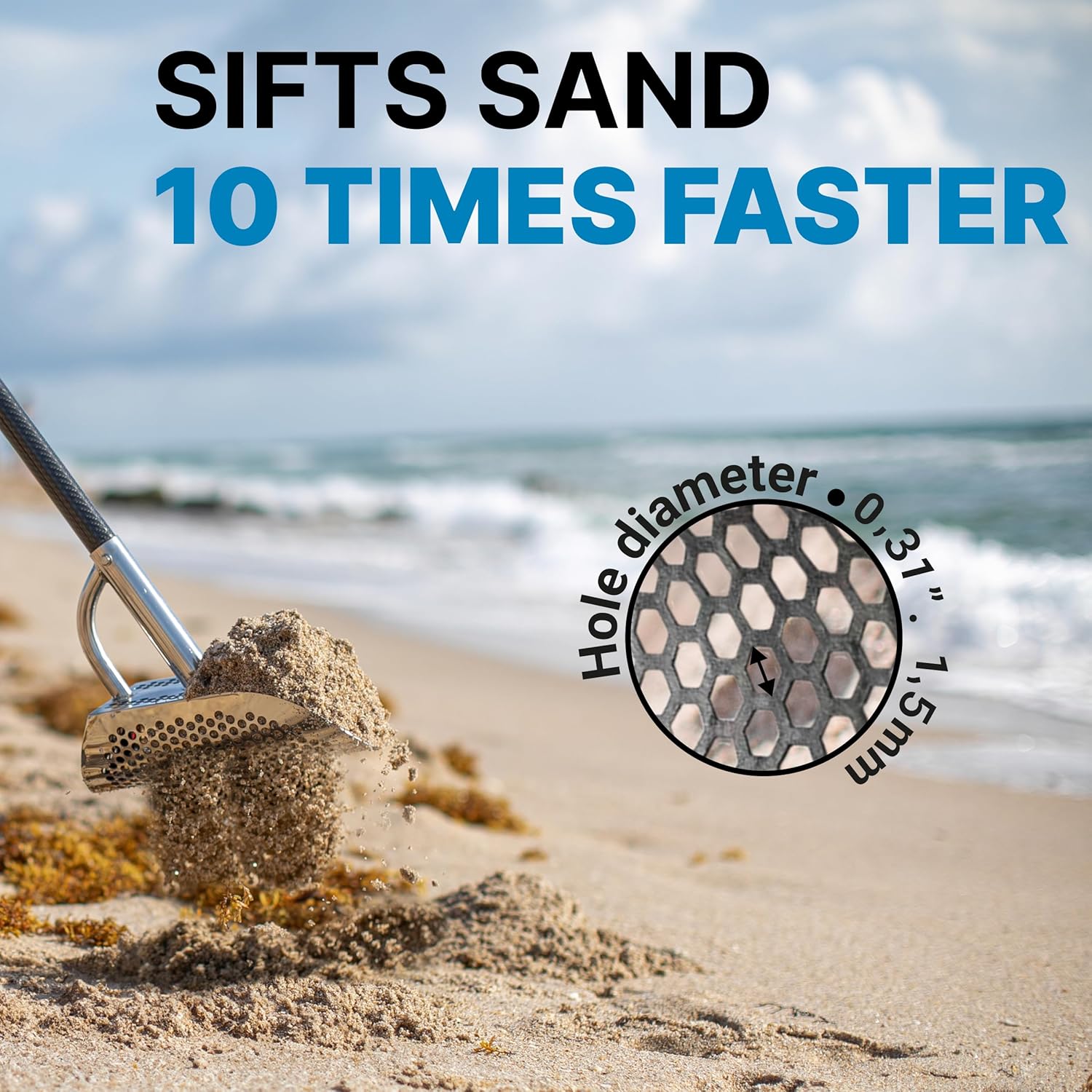 CKG Sand Scoops for Beach Metal Detecting Stainless Steel Beach Metal Detecting Shovel Underwater Treasure Hunting, Metal Detector Accessories(Bag + Scoop + Carbon Fiber Handle), (Diving + Handle)