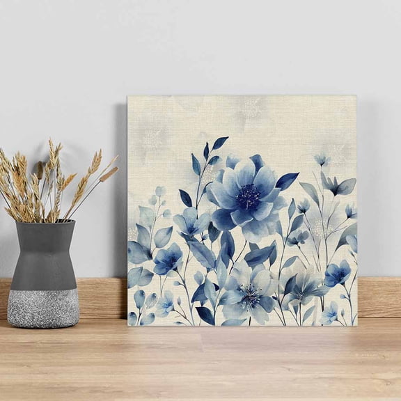 Blue Ombre Floral Wall Art Painting on Canvas, Spring Elegant Flowers Beige Rustic Canvas Art Home Prints Wall Art Framed Modern Artwork for Living Room Bedroom Wall Decor 8x8in