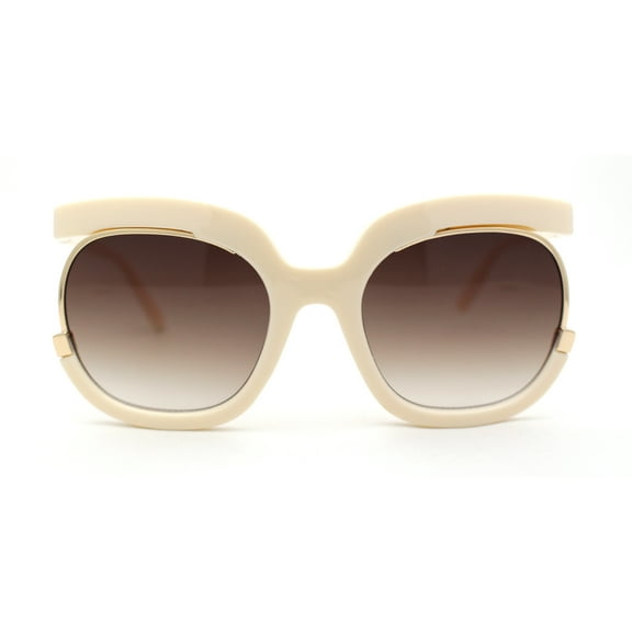 Eccentric Half Rim High Temple Runway Fashion Sunglasses Ivory Brown