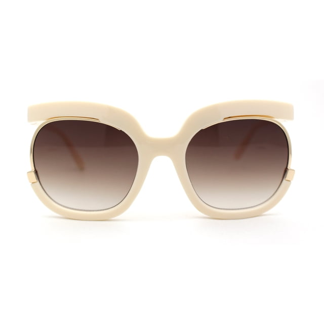 Eccentric Half Rim High Temple Runway Fashion Sunglasses Ivory Brown