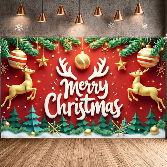 Red Background Merry Christmas Banner Golden Reindeer Xmas Display Green Pine Tree Gold Star Ornament Holiday Backdrop for Christmas Party Indoor Event Festive Photo Shoot