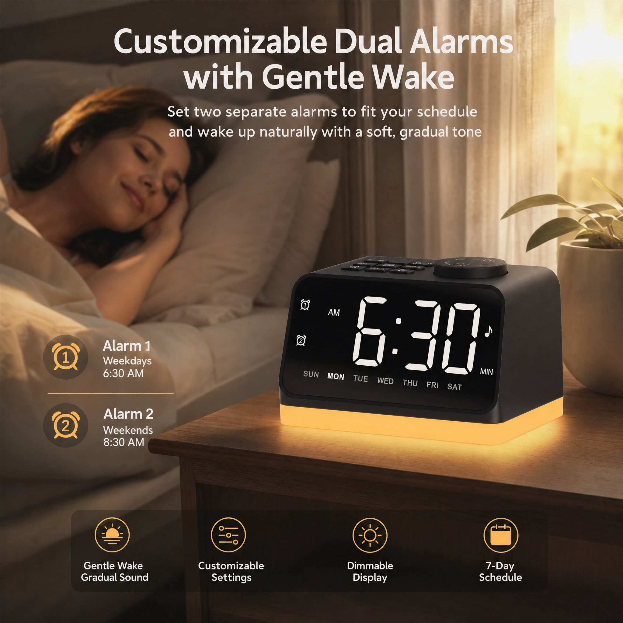 Digital Alarm Clock with FM Radio for Bedroom, 8 Colors Night Light with 2 Charging Port, Sleep Sound Machines with Timer, Dual Alarm, Loud Alarm and Easy to Use for Seniors and Kids