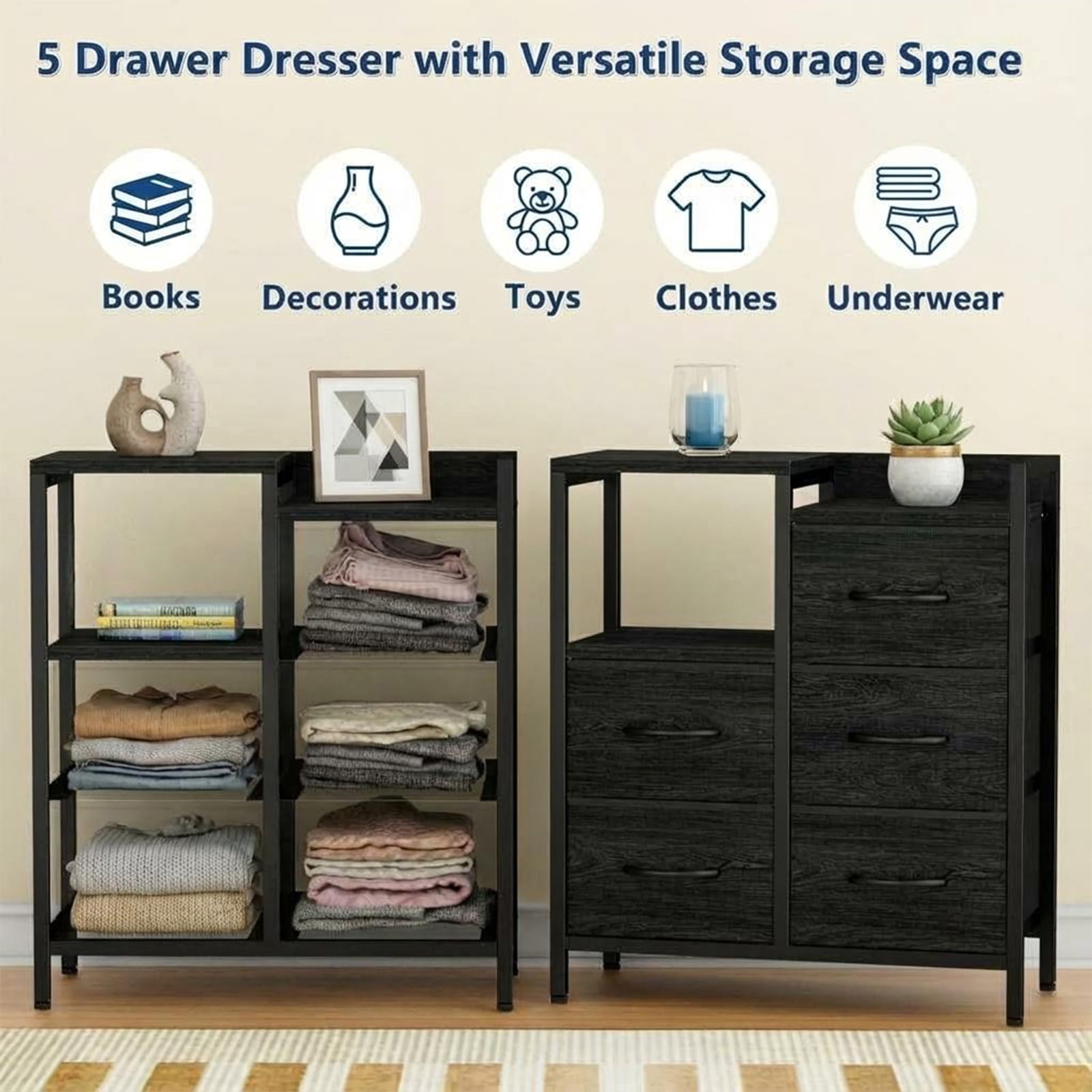 5-Drawer Lateral File Cabinet Organizer - Open Storage Shelf, Rolling Mobile Printer Stand, Under Desk Office Storage, Fabric & Wood Filing Unit, Black