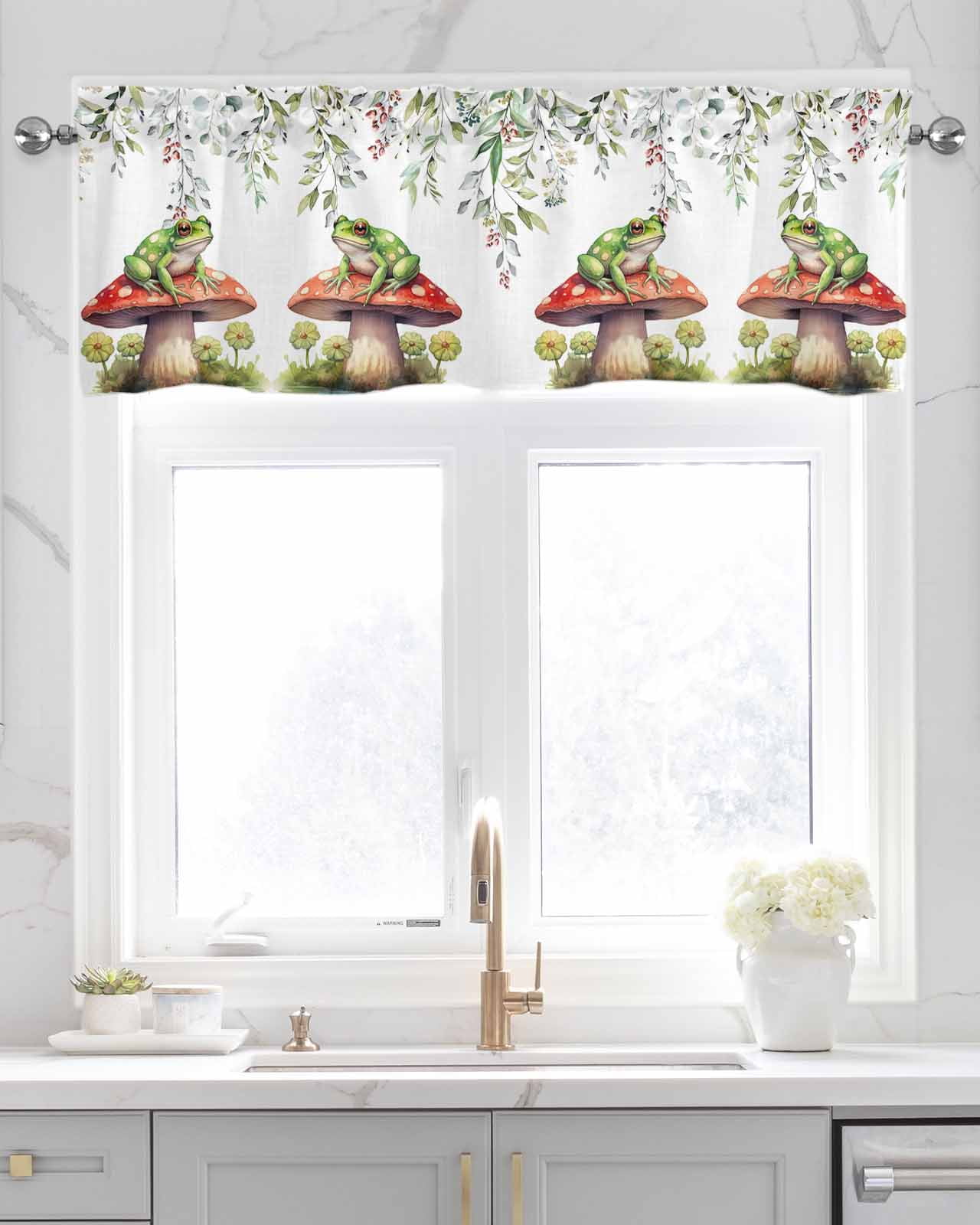 Mushroom Frog Linen Curtain Valance for Bedroom/Bathroom/Kitchen/Office/Living/Dining Room Windows,Eucalyptus Flower Watercolor Spring Rod Pocket Topper Drapes Decorative Cafe Drapery Panel 54x18