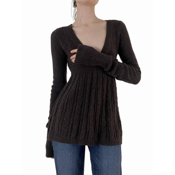 Women'S Cable Knit V Neck Sweater Slim Fit Long Sleeve Knitwear Casual Pullover Jumper Tops Brown S