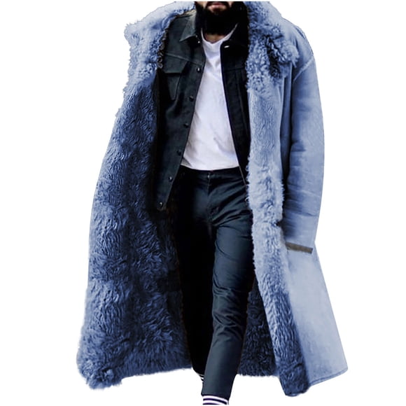 yardsong Mens Overcoat Long Faux Fur Coat Sherpa Lined Collar Warm Winter Thick Fuzzy Furry Fleece Jacket Cardigan Blue,XXXL