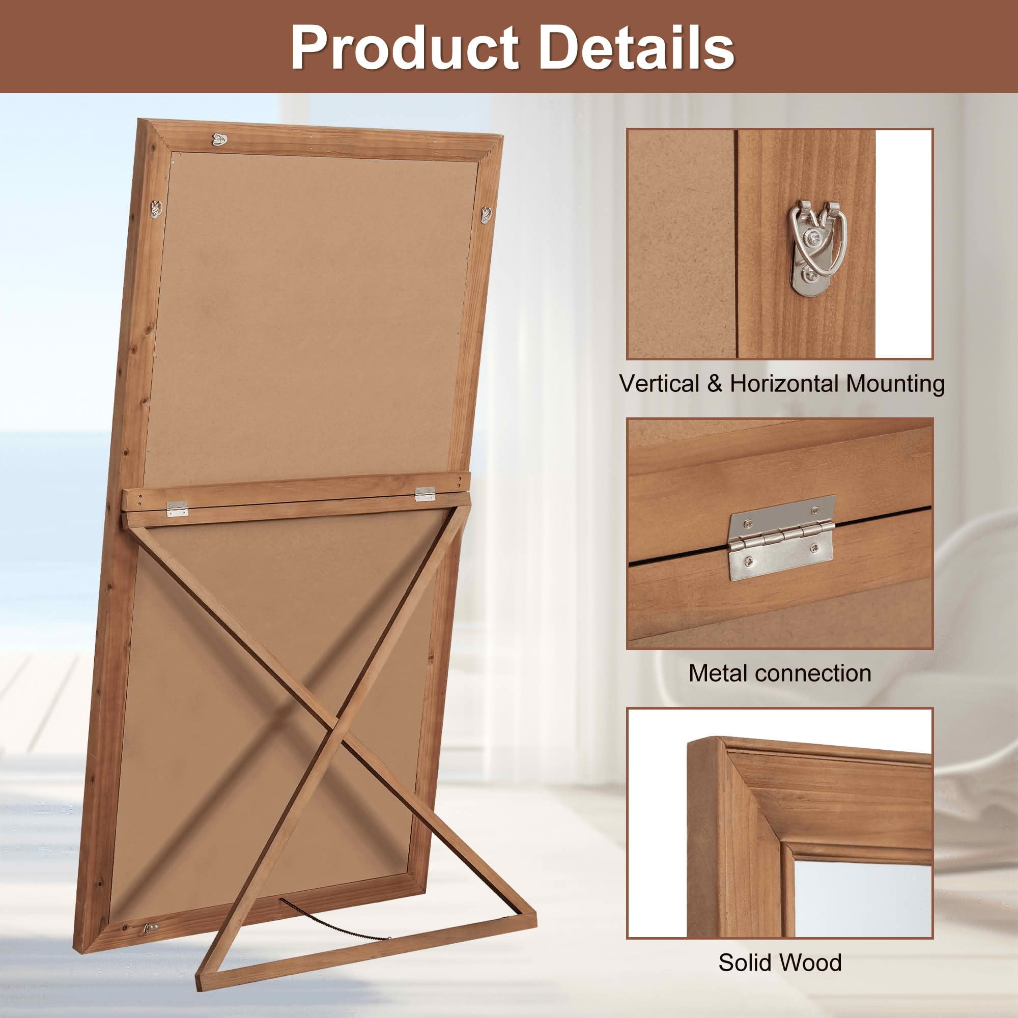 MAYEERTY 71x31x2 Inch Brown Wood Vertical Stripe Right Angle Rectangular Full Length Mirror with Stand for Bedroom