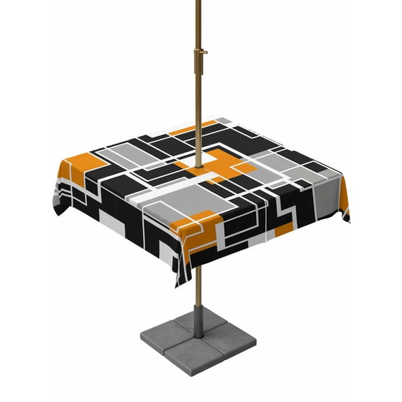 Outdoor Tablecloths with Umbrella Hole & Zipper, Burnt Orange Black Geometric 54x54 Inch Square Tablecloths, Modern Color Block Abstract Waterproof Table Cloth, Patio/Pool/Picnic Table Covers