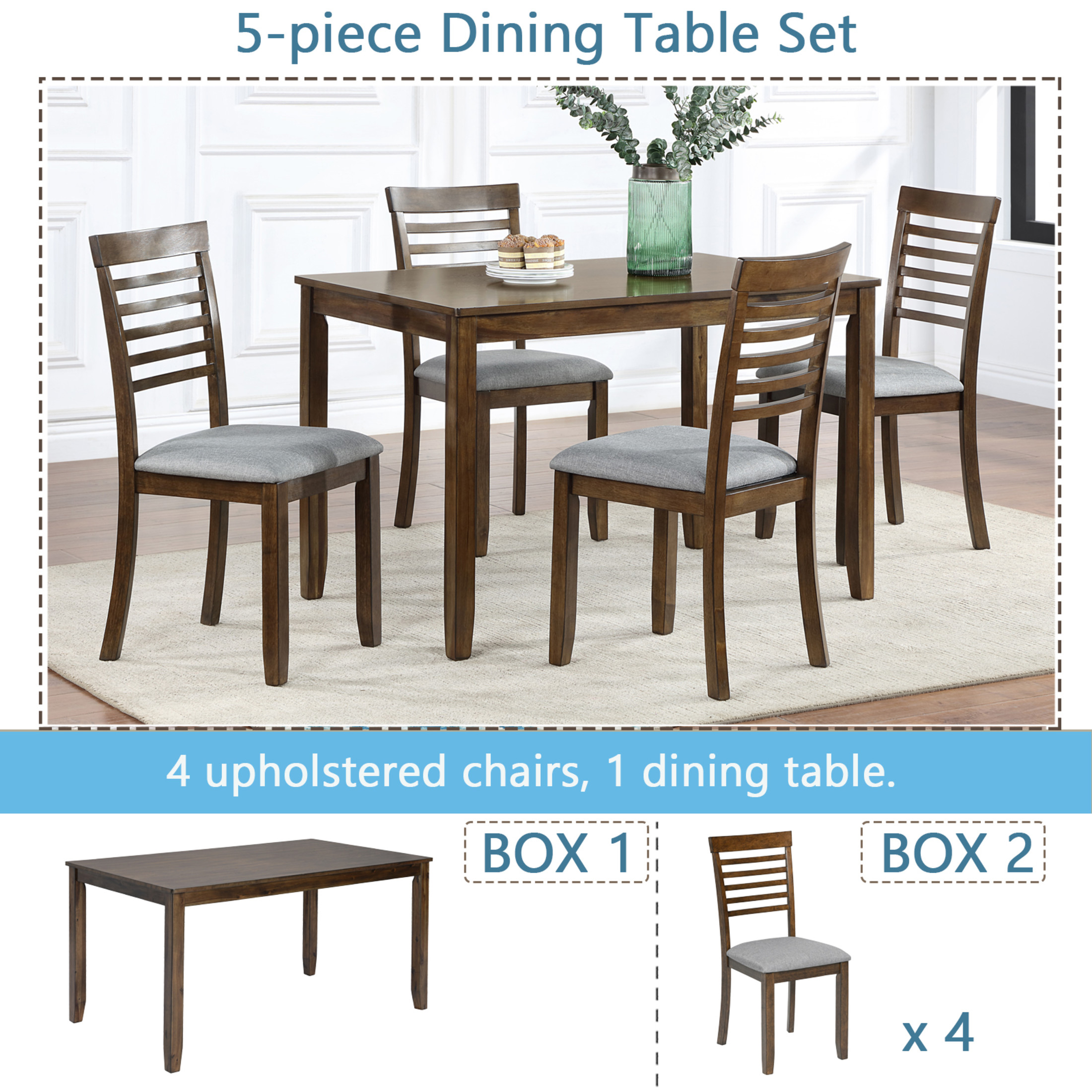 Noble House 5-Piece Farmhouse Dining Set, 45.5" Rectangular Wooden Table with Upholstered Chairs, Walnut