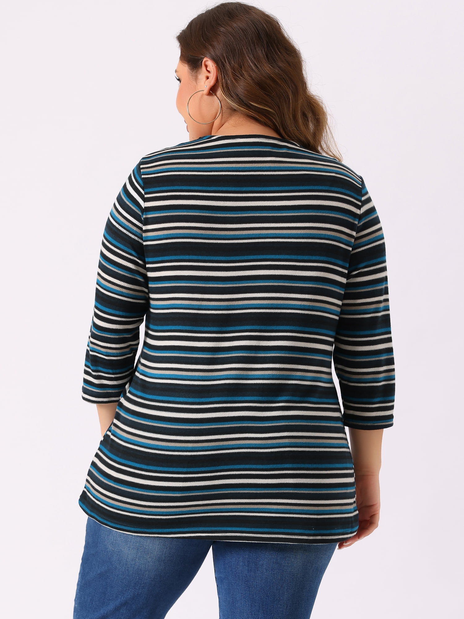 DARING DIVA Women's Plus Tunic Top V Neck Stripe Boho Knit Blouse 2X Blue Apricot