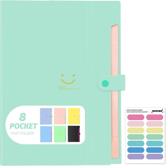 Expanding File Folder, 8 Pockets Accordion File Organizer, A4 Letter Size Paper Document Receipt Organizer Accordian Filing Folder for Classroom, Home, Office and Travel(Green)