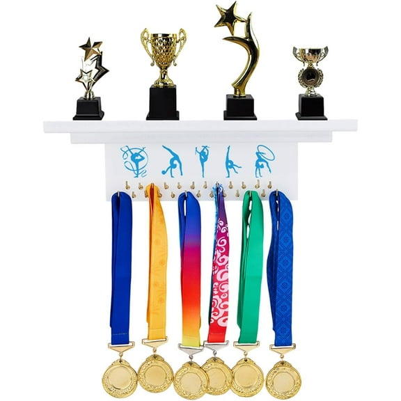 Sports Wooden Medal Hanger Display with Trophy Shelf Synchronized Gymnastics Medal Holder Trophy Display Shelf Ribbon Holder Medals Wall Hanger Race Wood Award Ribbon Organizer for Gymnast