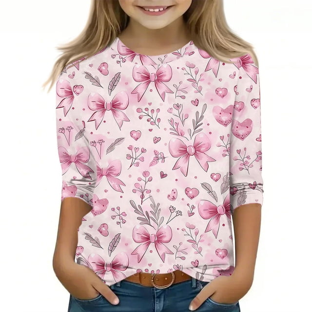 YUNAFFT T-Shirt à Manches 3/4 Imprimé pour Filles, Col Rond, 4-12 Ans, Coton Extensible Doux, Motifs à la Mode pour Activités Quotidiennes