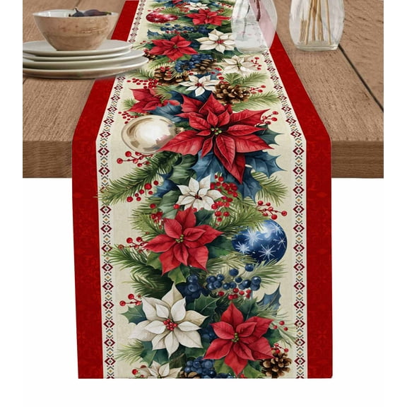 Hokiten Table Runners 60 Inches Long Dress Scarves, Red Christmas Farmhouse Kitchen/Dining Table Runner, Small Coffee Tablerunners, Xmas Botanical Poinsettia Blue Balls 13x60 Inch