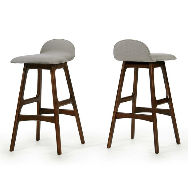 Noble House Brookes Mid-Century Modern Upholstered Barstools (Set of 2), Light Gray and Natural Walnut