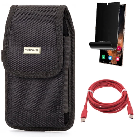 Case Belt Clip & Privacy Screen Protector & Red 6ft Long Cable for Samsung Galaxy S22 Ultra (6.8") - Combo Swivel Holster Rugged & TPU Film (Fingerprint) Anti-Peep & USB-C to Type-C PD Fast Charger