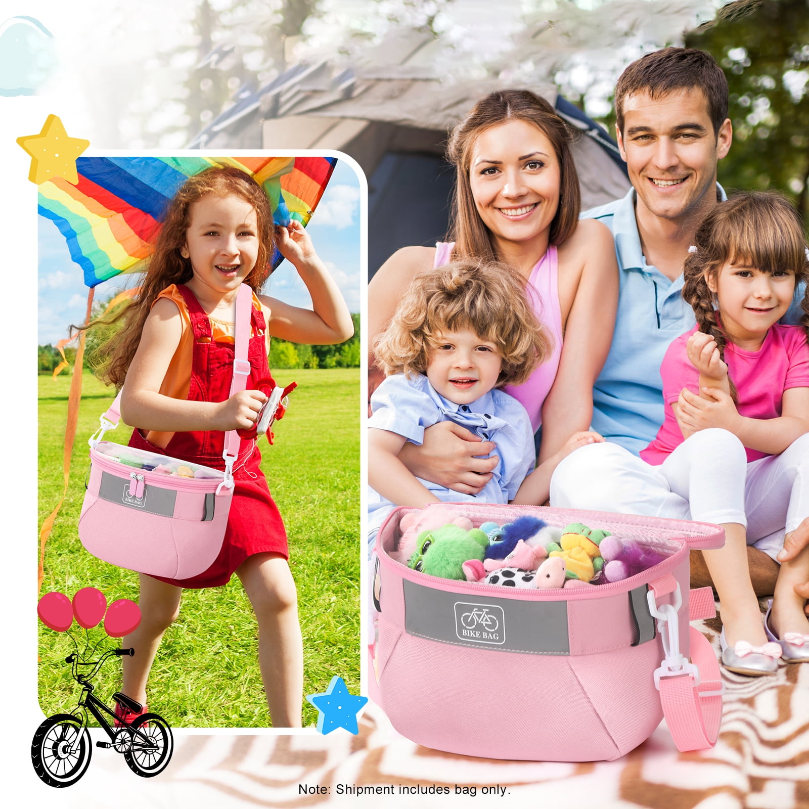 Yucurem Durable Kids Bike Basket, Waterproof Bicycle Front Basket Handlebar Bag with Reflective Safety Straps, Fabric Bicycle Basket for Boys & Girls (Pink)